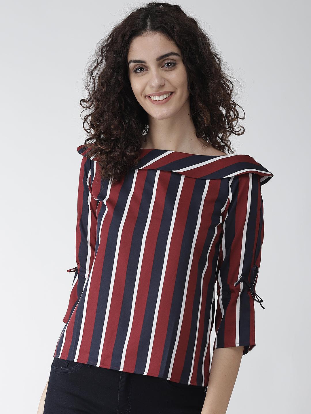 Women Maroon & Navy Blue Striped Top-Tops-StyleQuotient