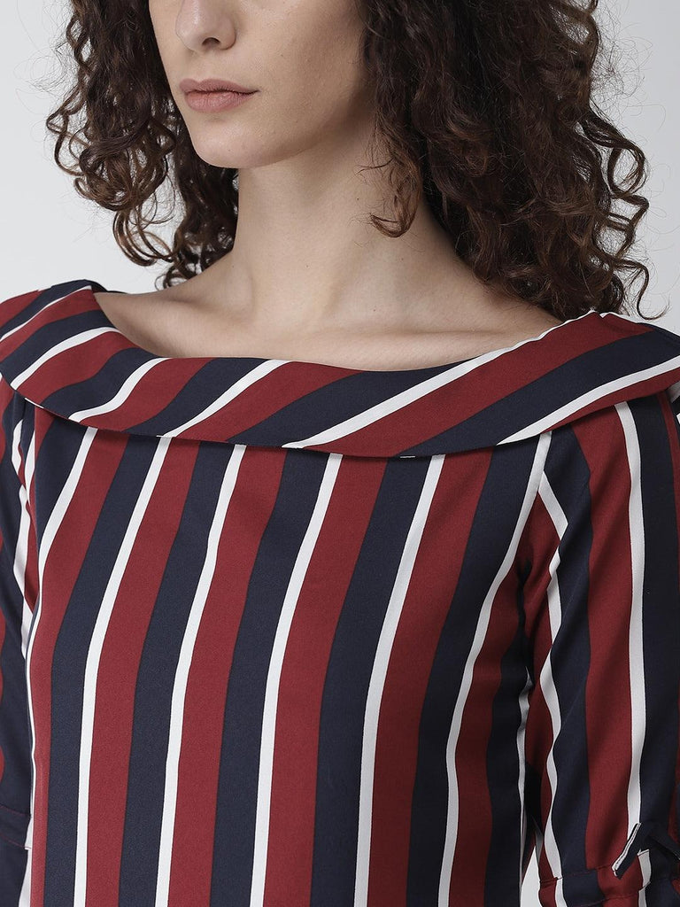 Women Maroon & Navy Blue Striped Top-Tops-StyleQuotient