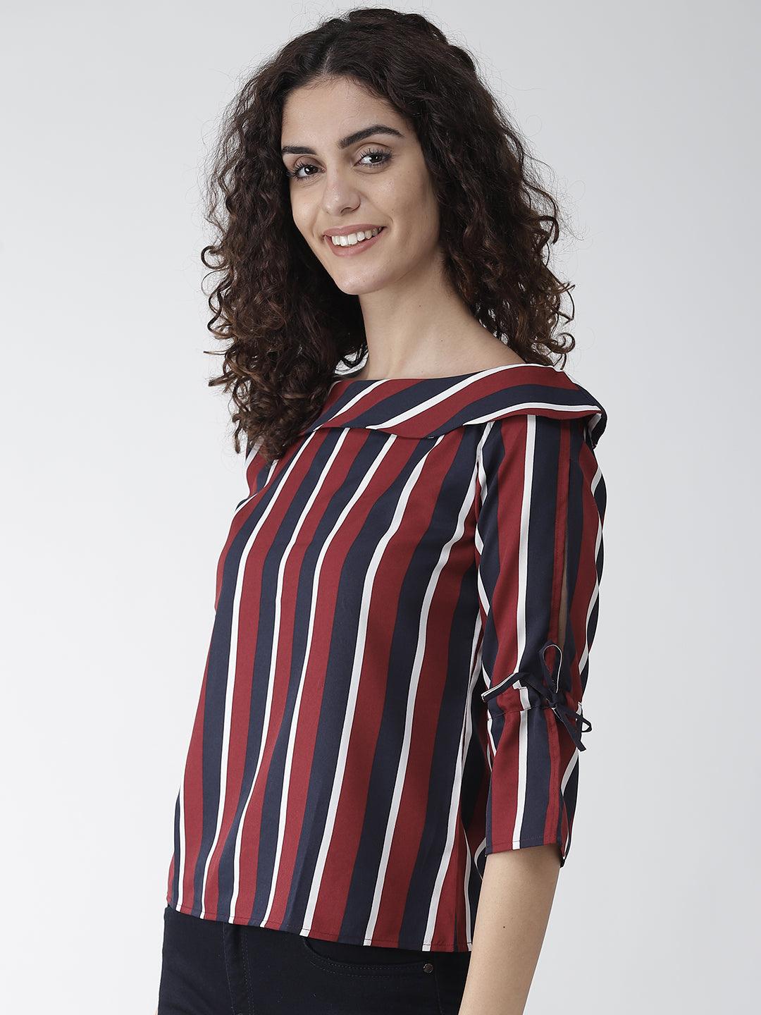 Women Maroon & Navy Blue Striped Top-Tops-StyleQuotient