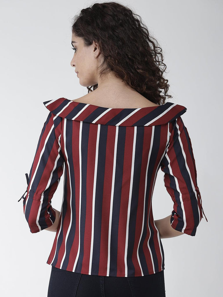 Women Maroon & Navy Blue Striped Top-Tops-StyleQuotient