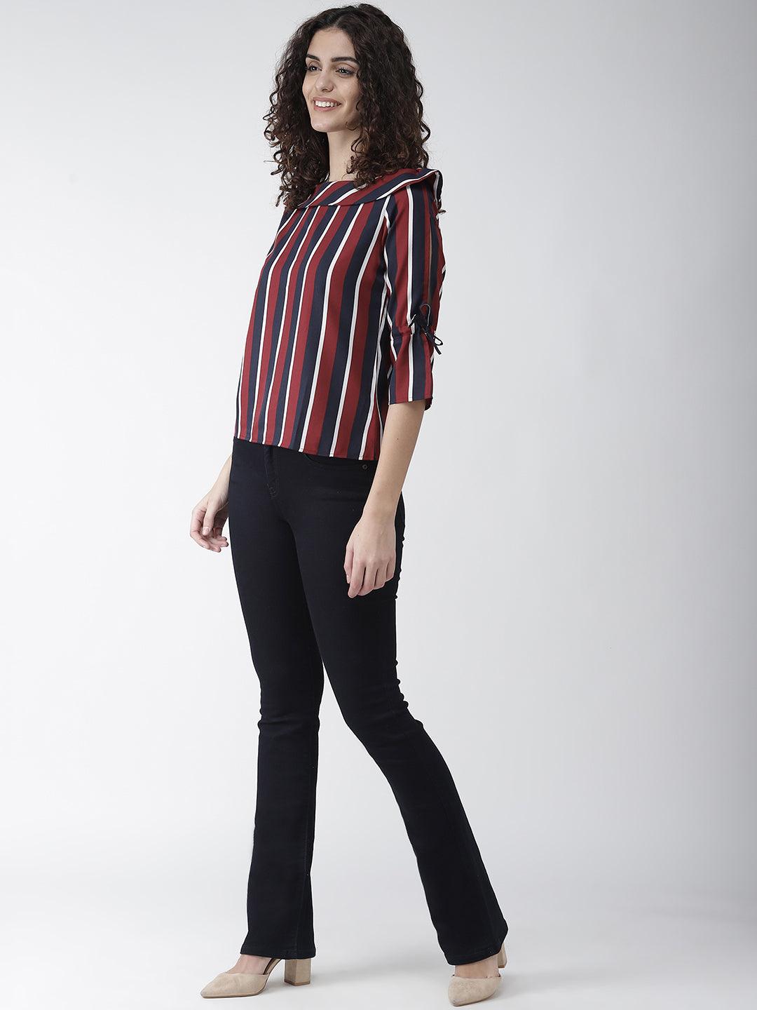 Women Maroon & Navy Blue Striped Top-Tops-StyleQuotient