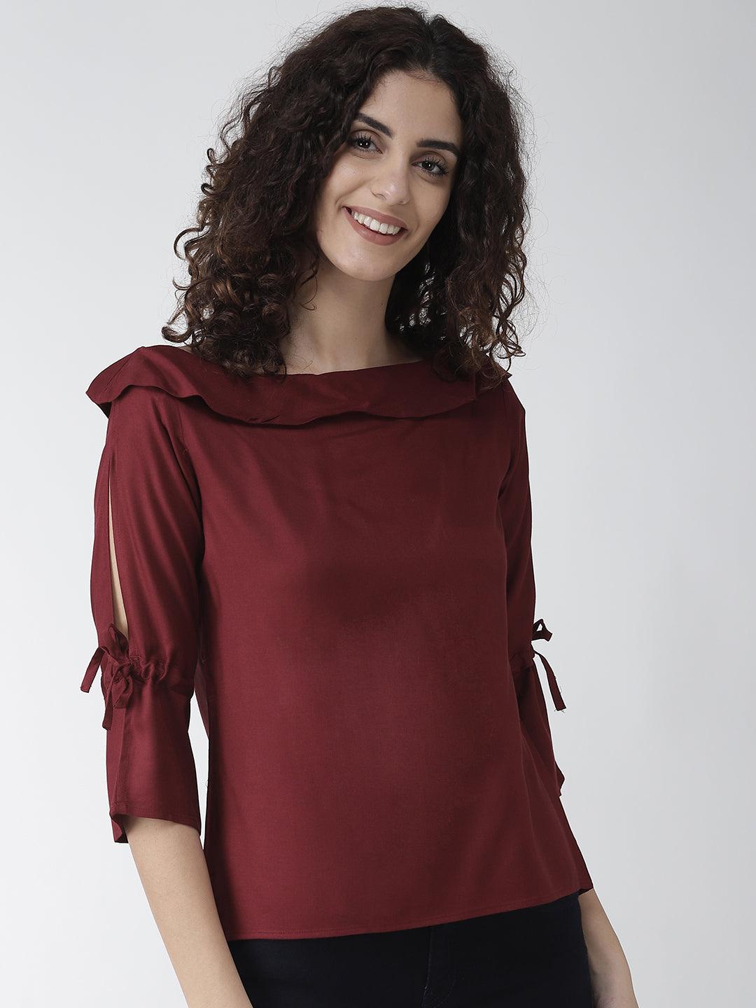 Women Maroon Solid Top-Tops-StyleQuotient