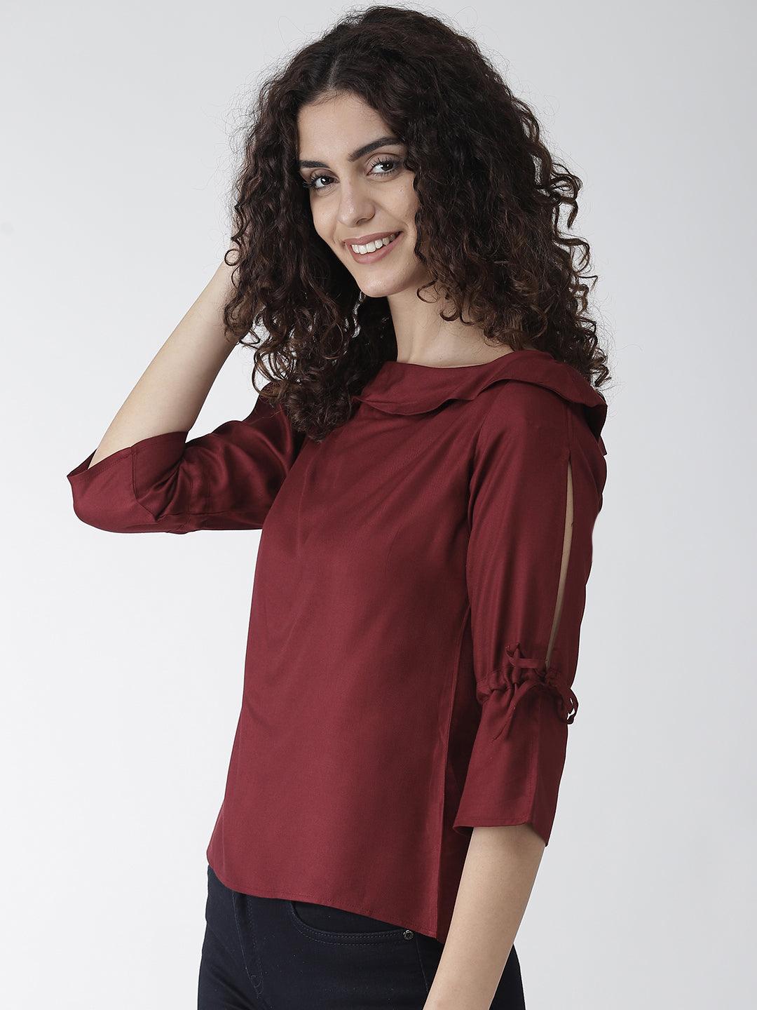 Women Maroon Solid Top-Tops-StyleQuotient