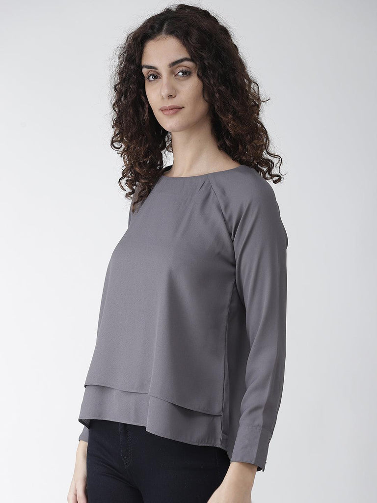 Women Grey Solid Layered High-Low Top-Tops-StyleQuotient