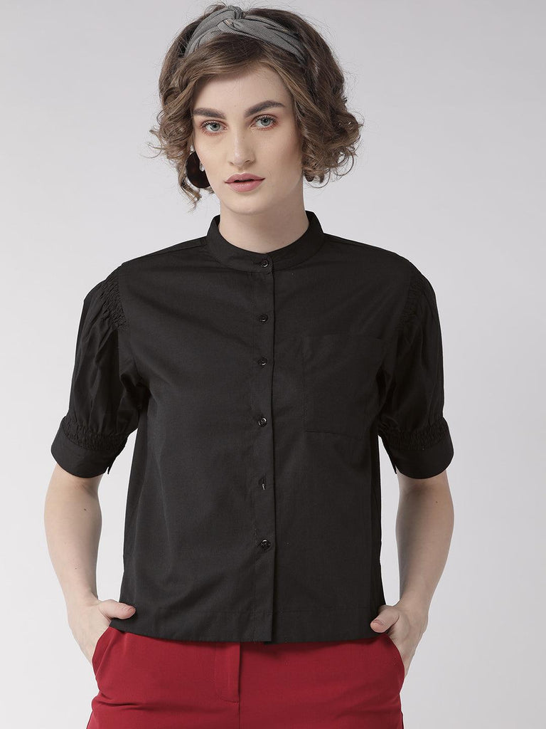 Women Black Comfort Boxy Fit Solid Casual Shirt-Shirts-StyleQuotient