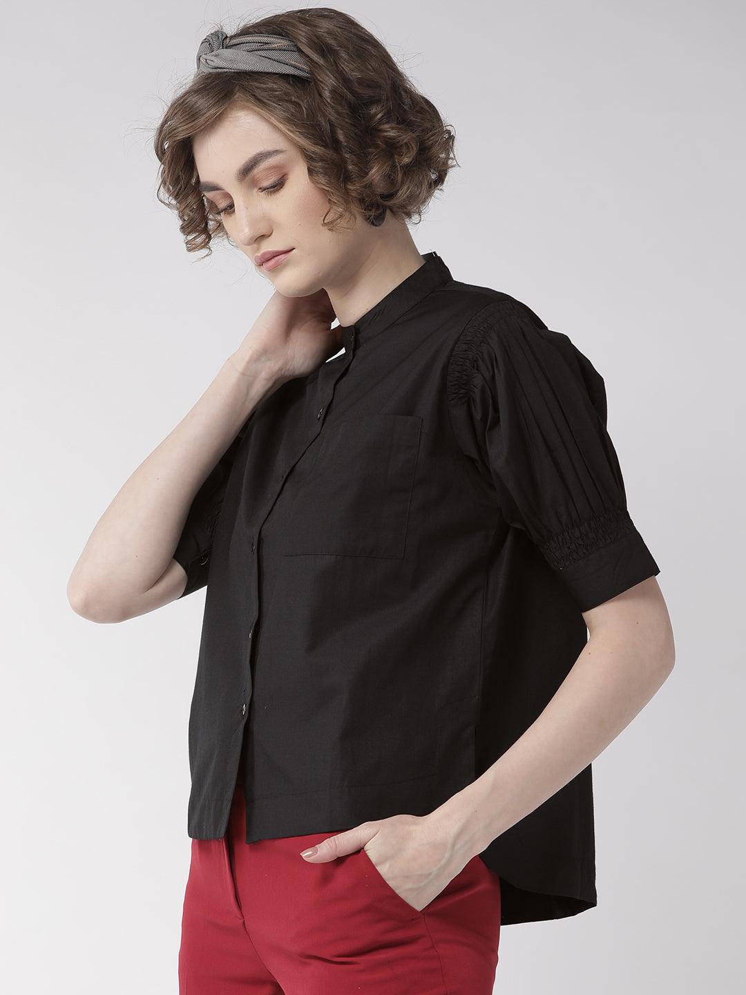 Women Black Comfort Boxy Fit Solid Casual Shirt-Shirts-StyleQuotient