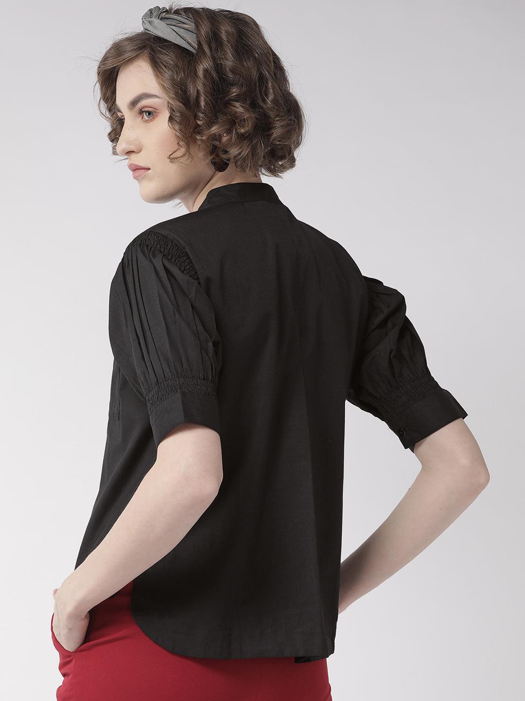 Women Black Comfort Boxy Fit Solid Casual Shirt-Shirts-StyleQuotient