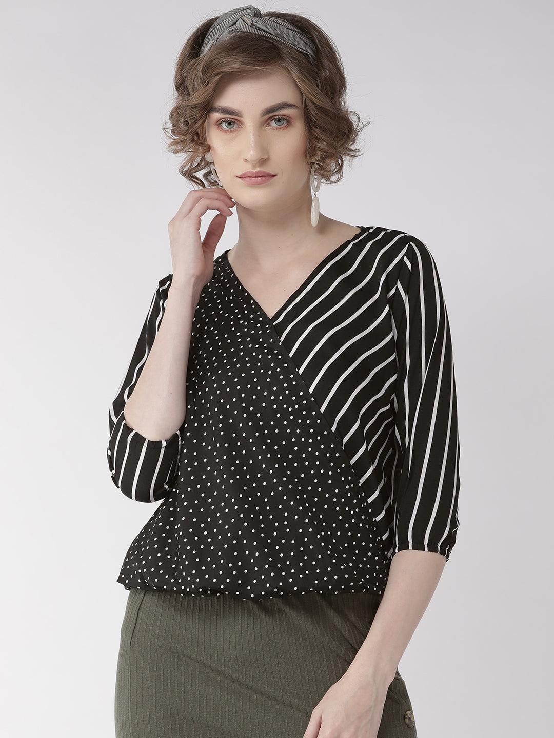 Women Black & White Striped Blouson Top-Tops-StyleQuotient