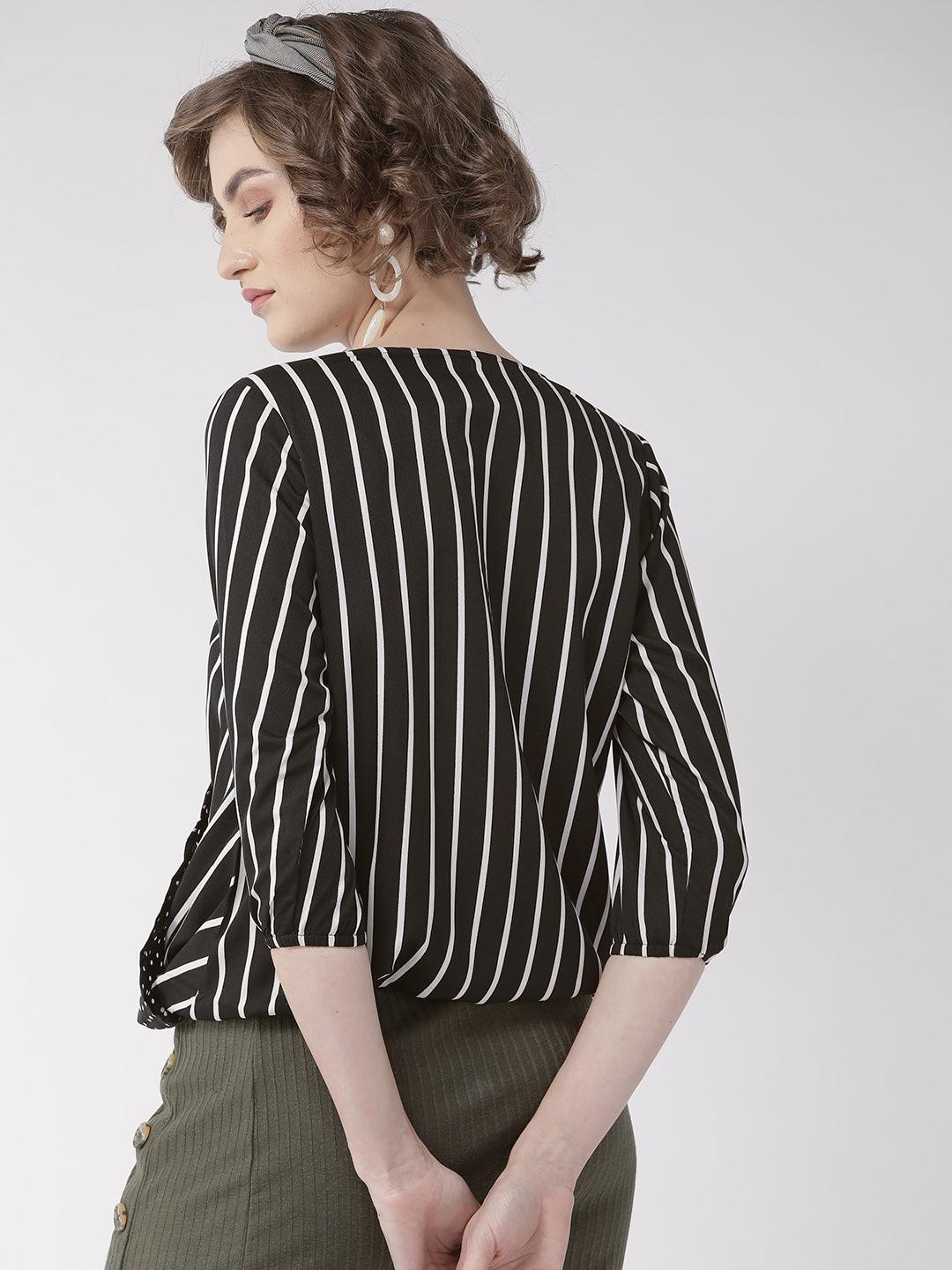 Women Black & White Striped Blouson Top-Tops-StyleQuotient