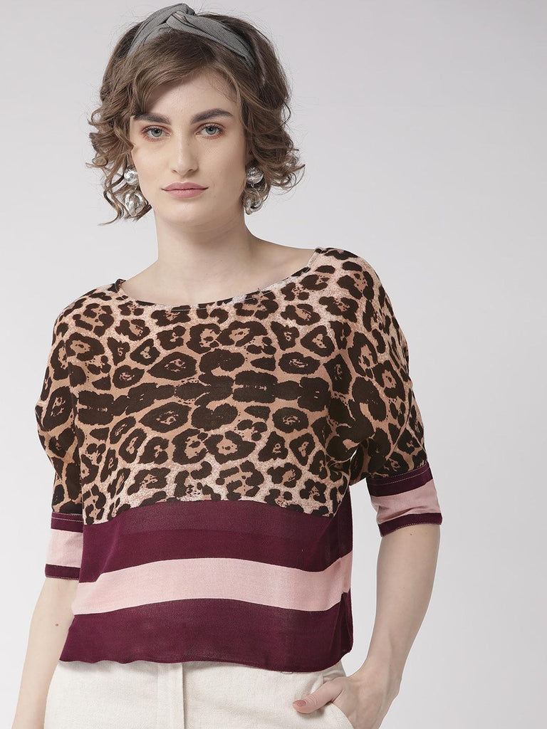 Women Brown & Purple Leopard Print Top-Tops-StyleQuotient