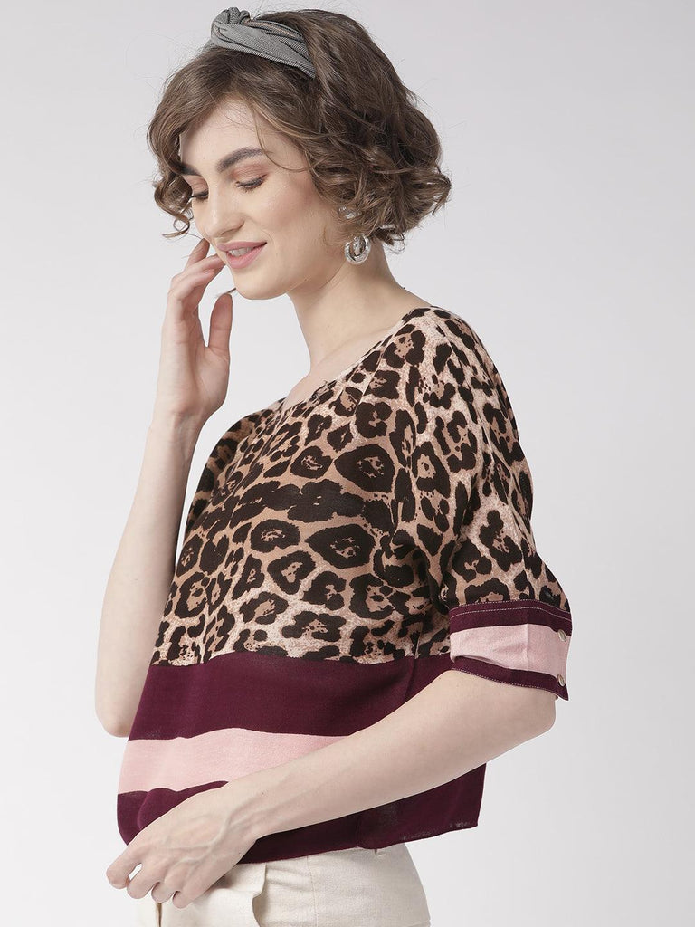 Women Brown & Purple Leopard Print Top-Tops-StyleQuotient