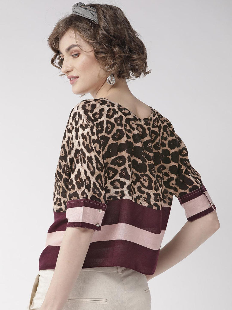 Women Brown & Purple Leopard Print Top-Tops-StyleQuotient