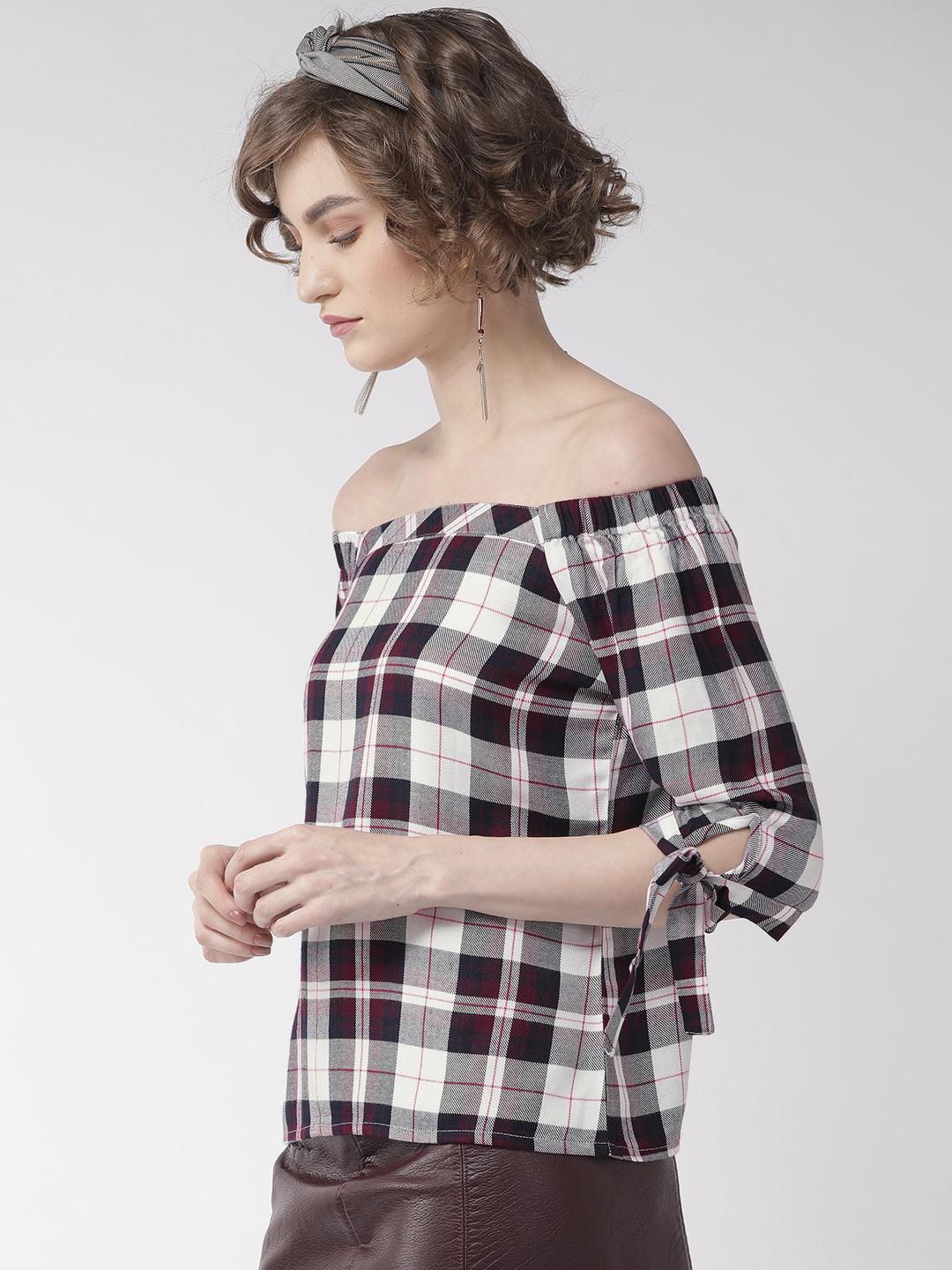 Women White & Purple Checked Top-Tops-StyleQuotient