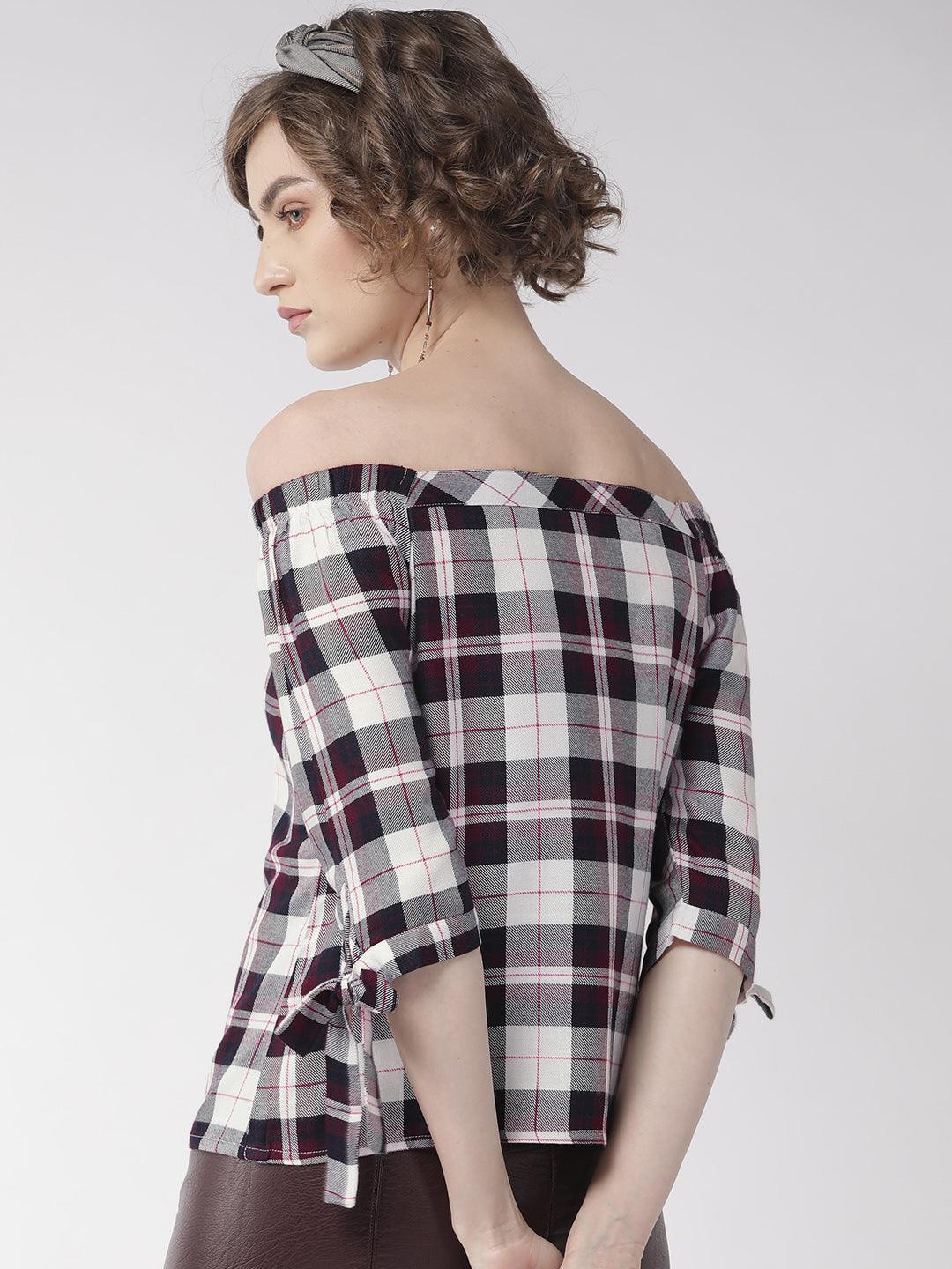 Women White & Purple Checked Top-Tops-StyleQuotient