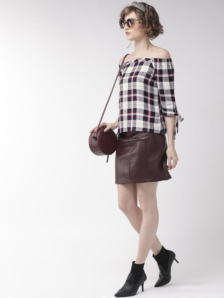 Women White & Purple Checked Top-Tops-StyleQuotient