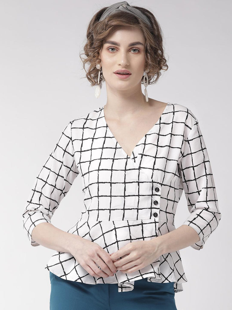 Women White & Black Checked Wrap Top-Tops-StyleQuotient