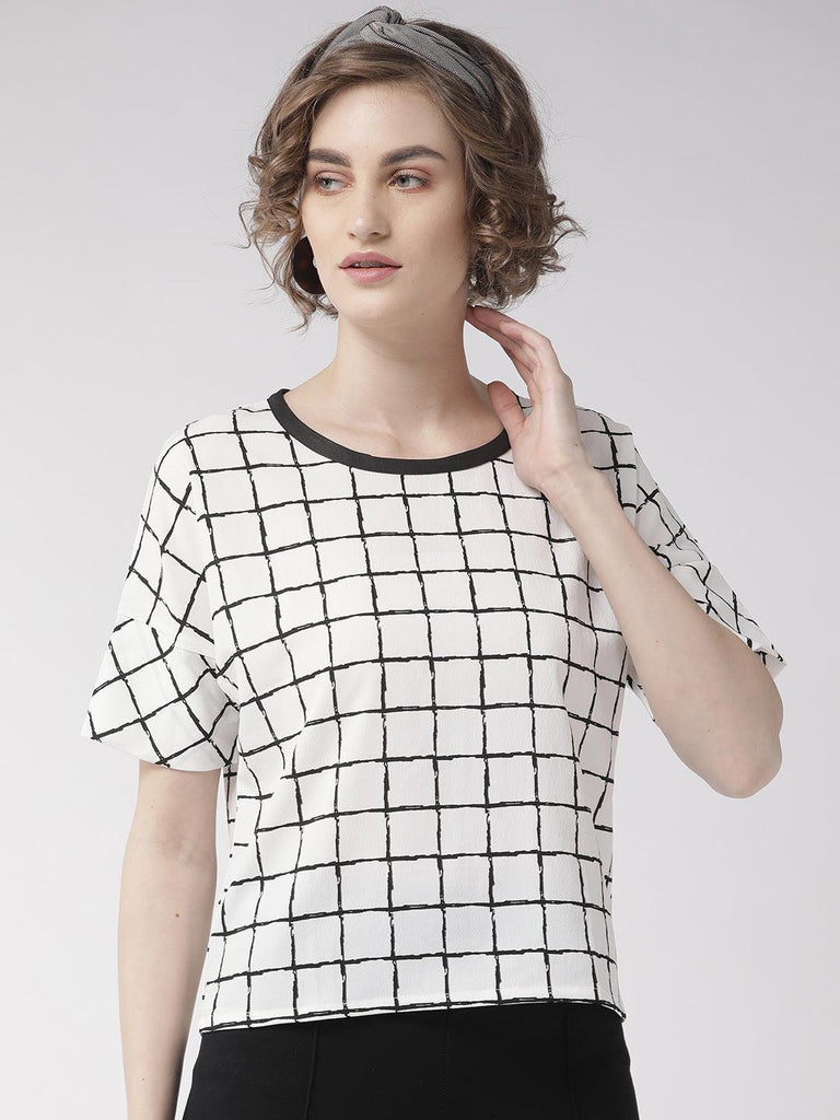 Women White & Black Checked Top-Tops-StyleQuotient