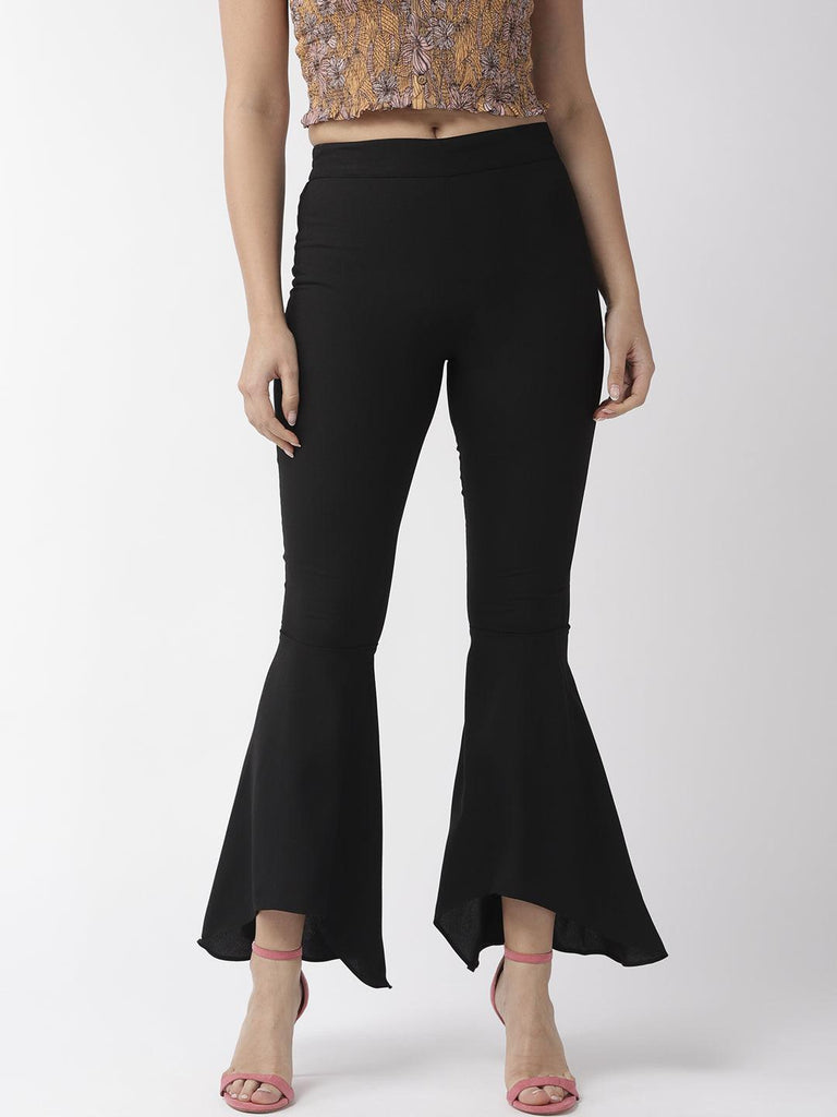 Women Black Solid Flared Smart Fit Bootcut Trousers-Trousers-StyleQuotient