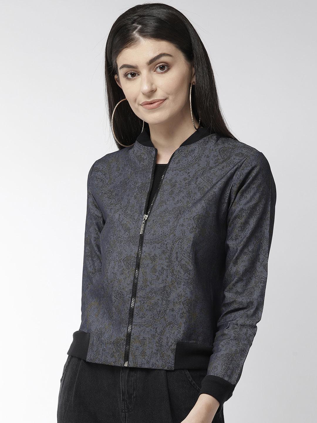 Women Blue & Black Printed Lightweight Bomber Jacket-Jackets-StyleQuotient