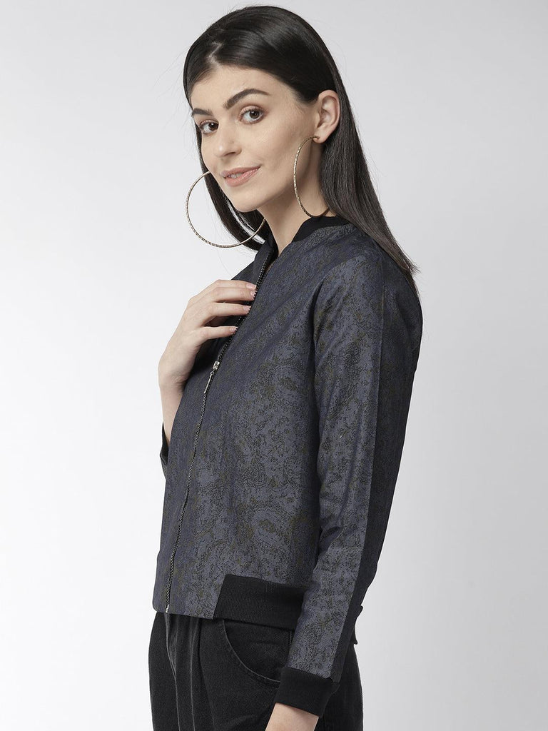 Women Blue & Black Printed Lightweight Bomber Jacket-Jackets-StyleQuotient