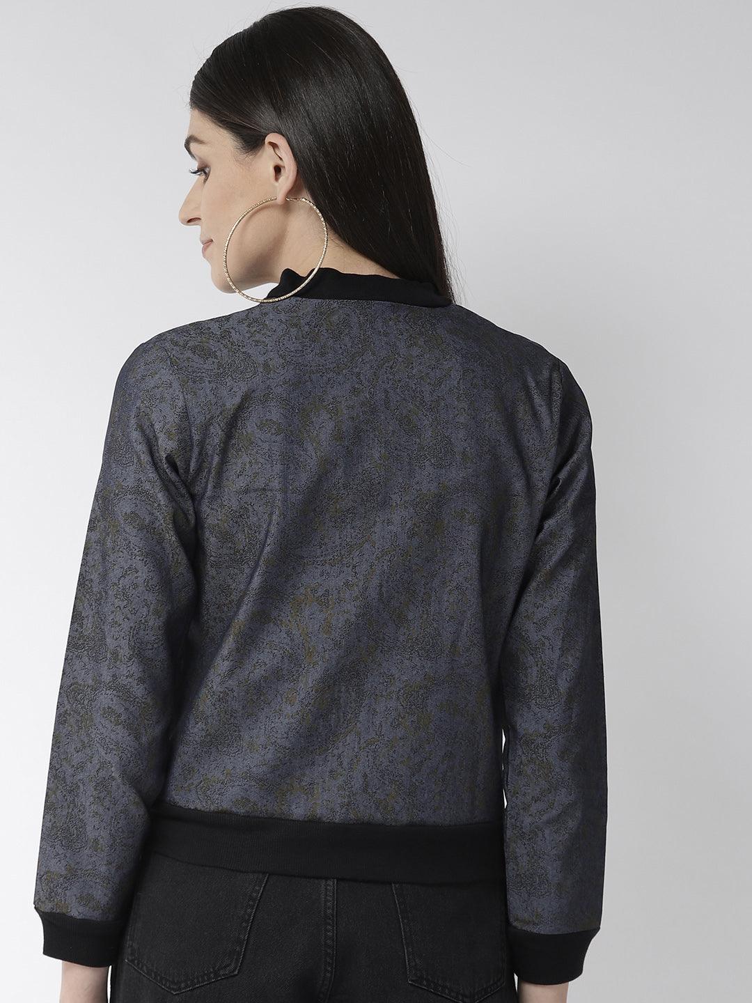 Women Blue & Black Printed Lightweight Bomber Jacket-Jackets-StyleQuotient