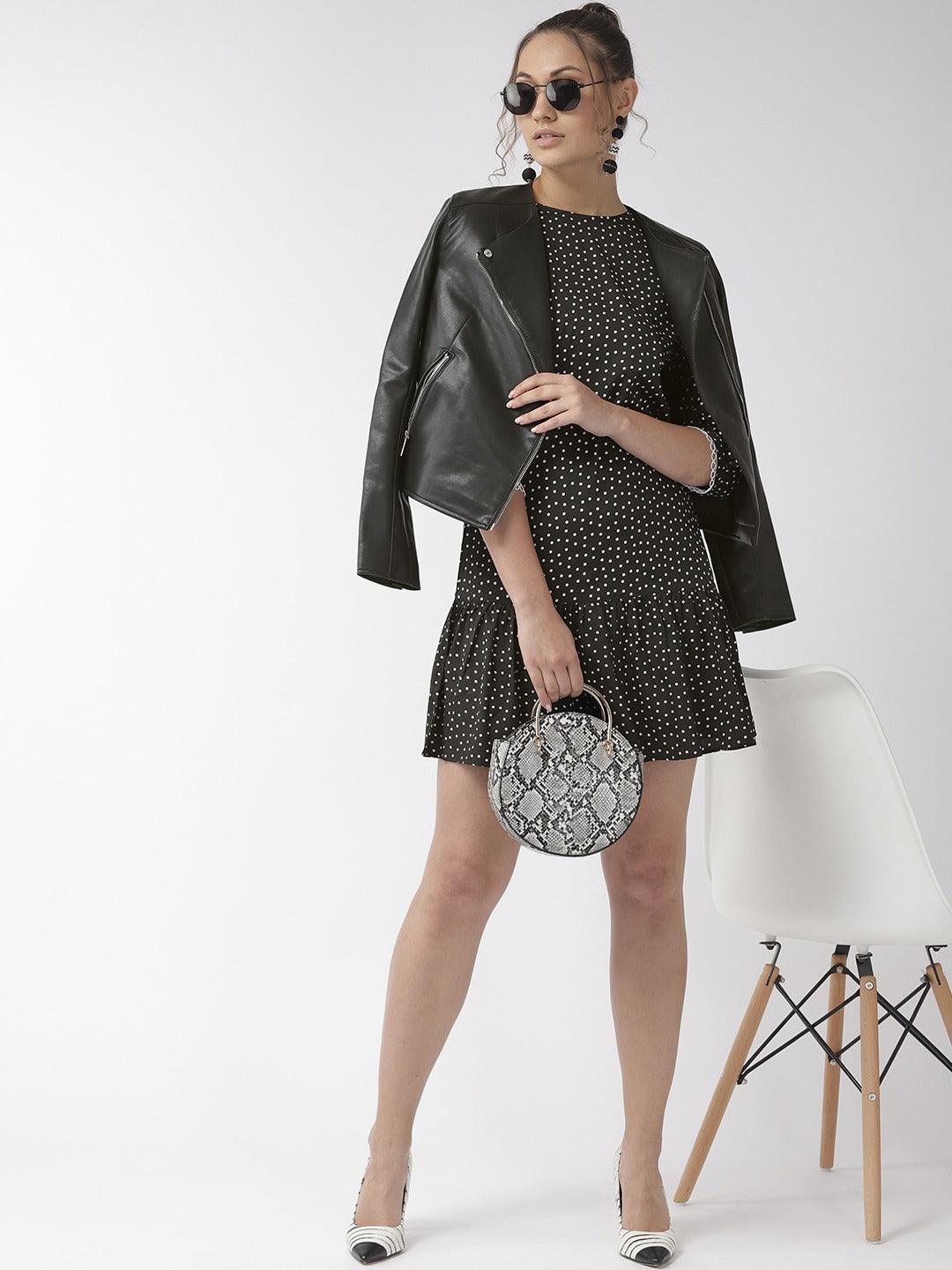 Women Black & White Polka Dots Printed Drop-Waist Dress-Dresses-StyleQuotient