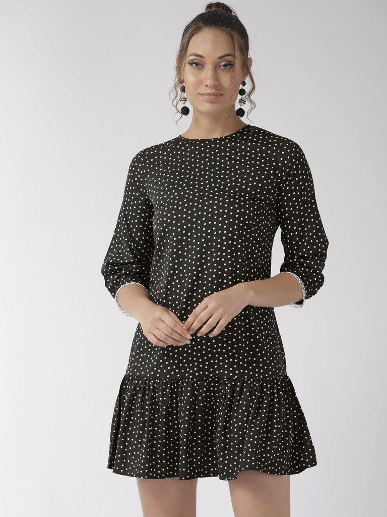Women Black & White Polka Dots Printed Drop-Waist Dress-Dresses-StyleQuotient
