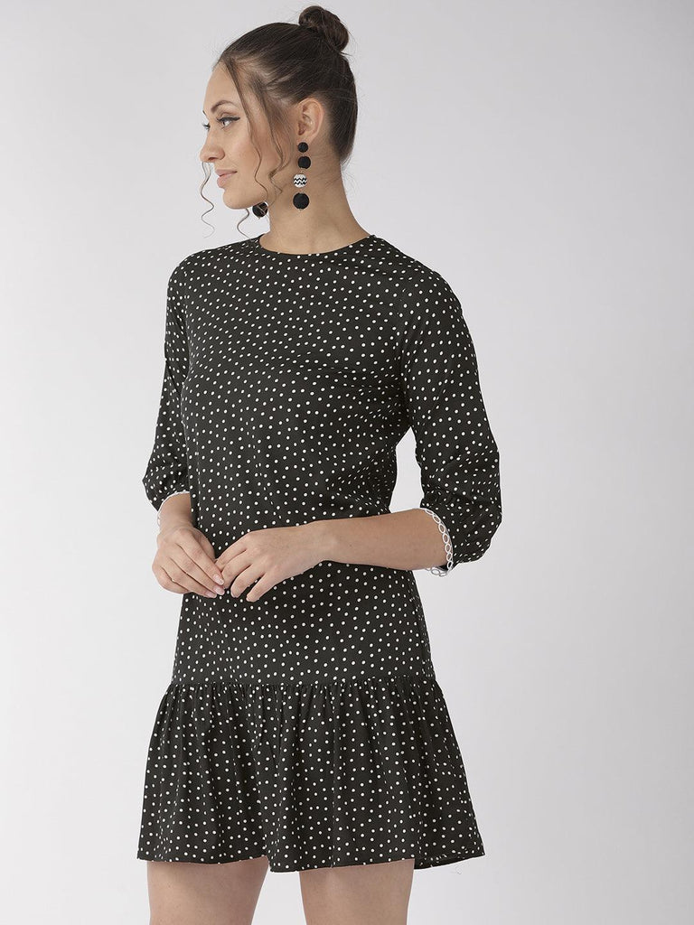 Women Black & White Polka Dots Printed Drop-Waist Dress-Dresses-StyleQuotient