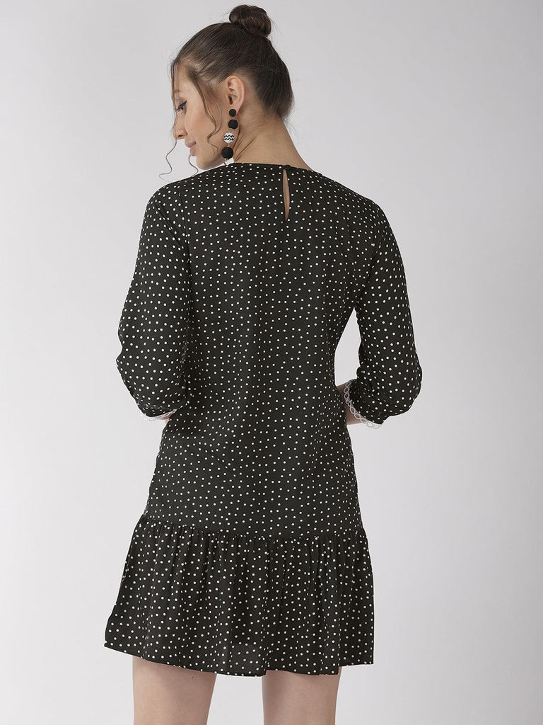 Women Black & White Polka Dots Printed Drop-Waist Dress-Dresses-StyleQuotient