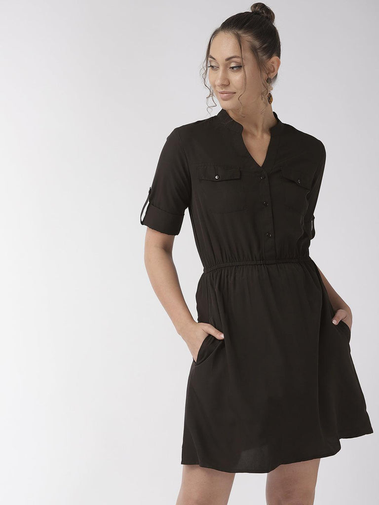Women Black Solid A-Line Dress-Dresses-StyleQuotient