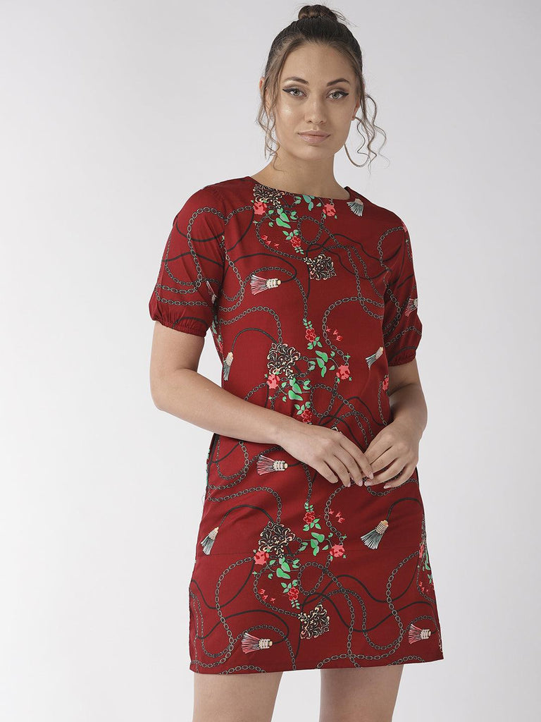 Women Maroon Floral Printed Sheath Dress-Dresses-StyleQuotient