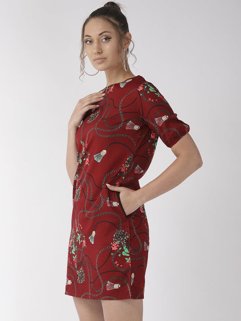 Women Maroon Floral Printed Sheath Dress-Dresses-StyleQuotient