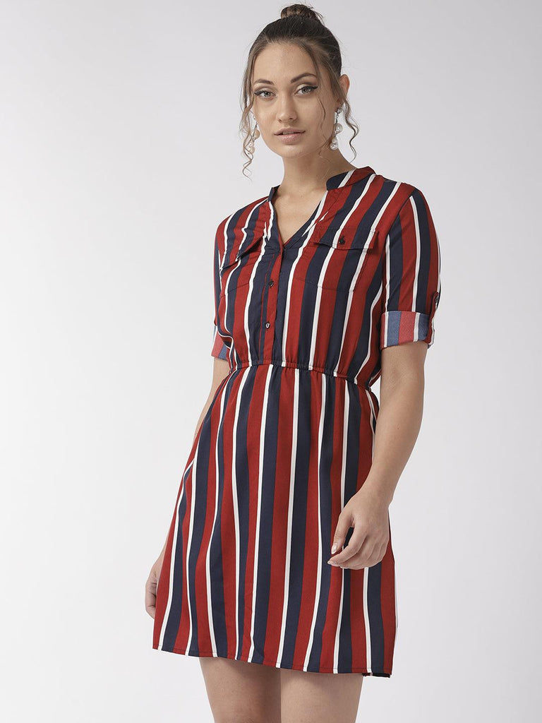 Women Burgundy & Navy Blue Striped A-Line Dress-Dresses-StyleQuotient