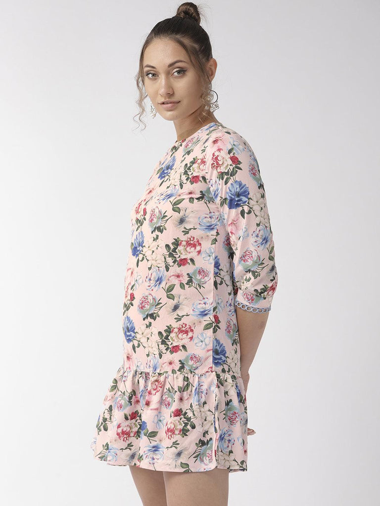 Women Pink & Blue Floral Printed Drop-Waist Dress-Dresses-StyleQuotient