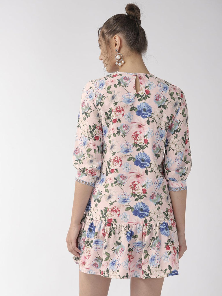 Women Pink & Blue Floral Printed Drop-Waist Dress-Dresses-StyleQuotient