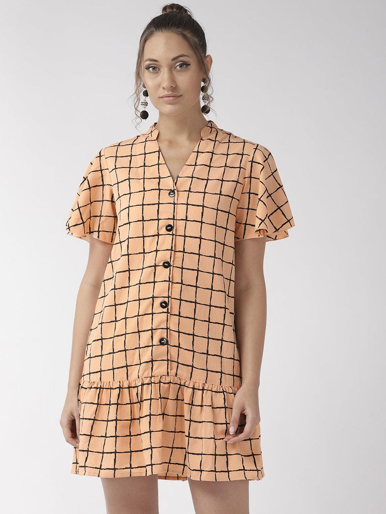 Women Peach- Coloured & Black Checked Drop-Waist Dress-Dresses-StyleQuotient