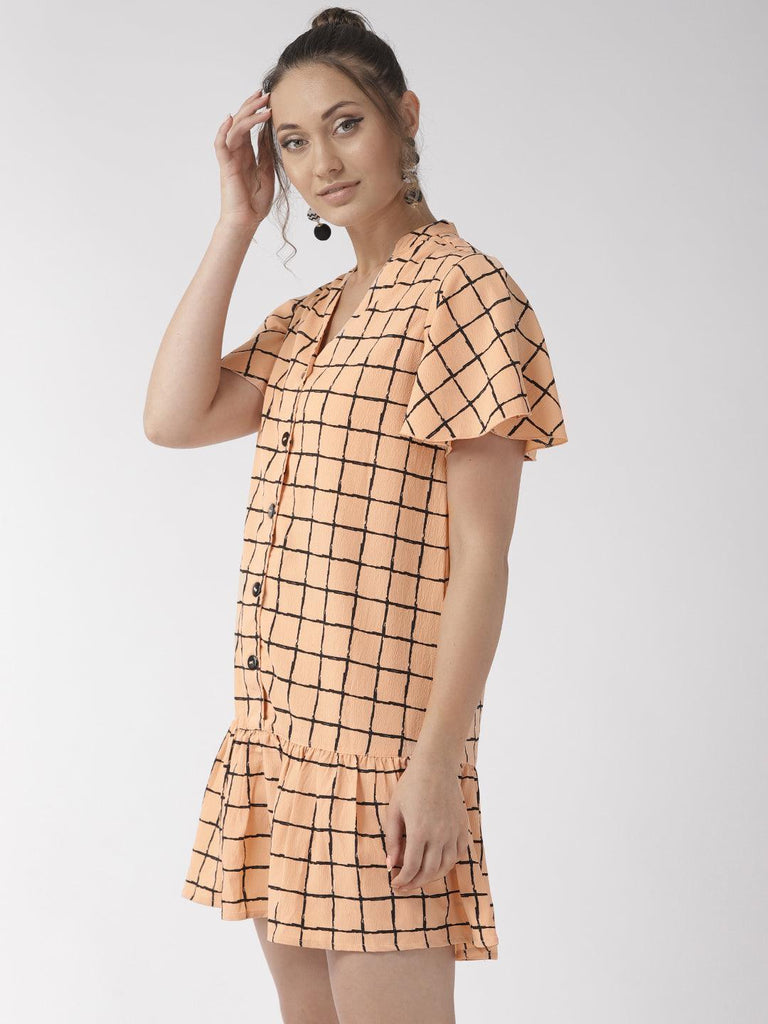 Women Peach- Coloured & Black Checked Drop-Waist Dress-Dresses-StyleQuotient