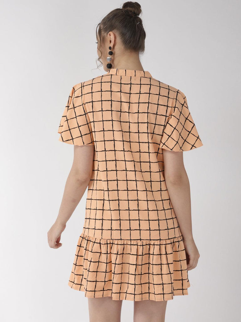 Women Peach- Coloured & Black Checked Drop-Waist Dress-Dresses-StyleQuotient