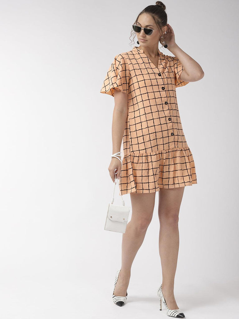 Women Peach- Coloured & Black Checked Drop-Waist Dress-Dresses-StyleQuotient