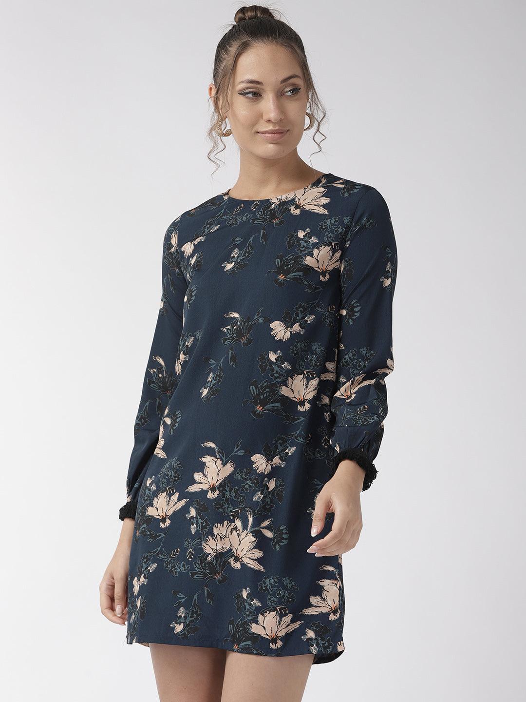 Women Navy Blue & Beige Floral Printed Sheath Dress-Dresses-StyleQuotient