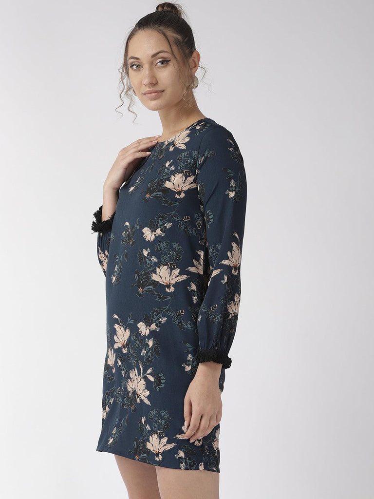 Women Navy Blue & Beige Floral Printed Sheath Dress-Dresses-StyleQuotient