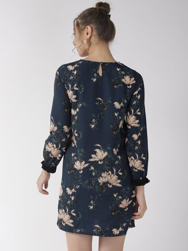 Women Navy Blue & Beige Floral Printed Sheath Dress-Dresses-StyleQuotient