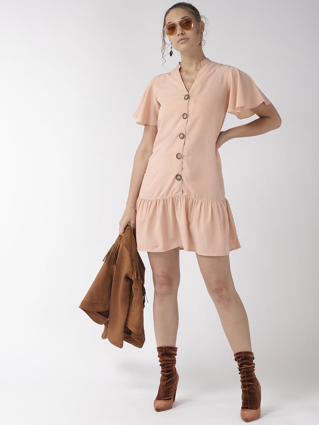 Women Peach Coloured Solid A-Line Dress-Dresses-StyleQuotient