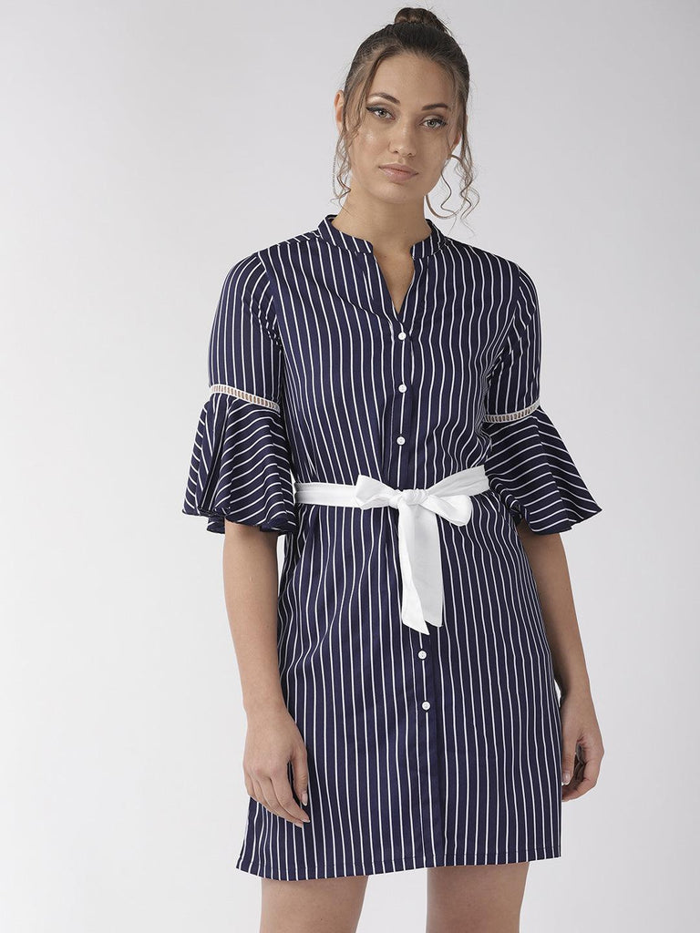 Women Navy Blue Striped A-Line Dress-Dresses-StyleQuotient