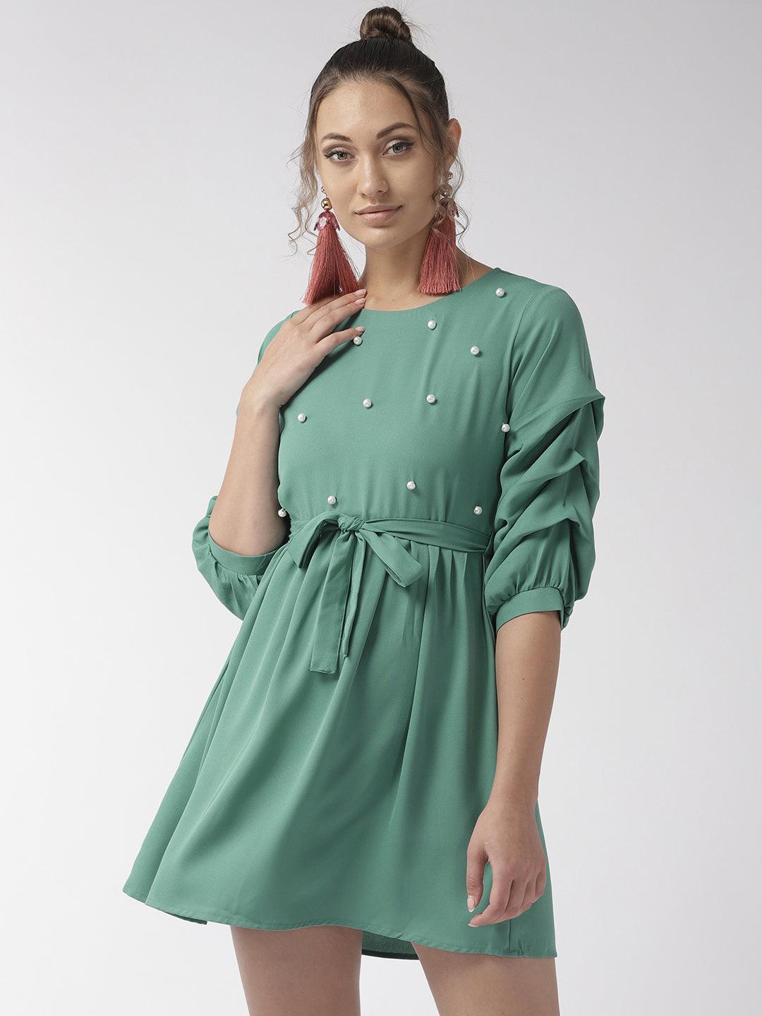 Women Green Solid A-Line Dress-Dresses-StyleQuotient