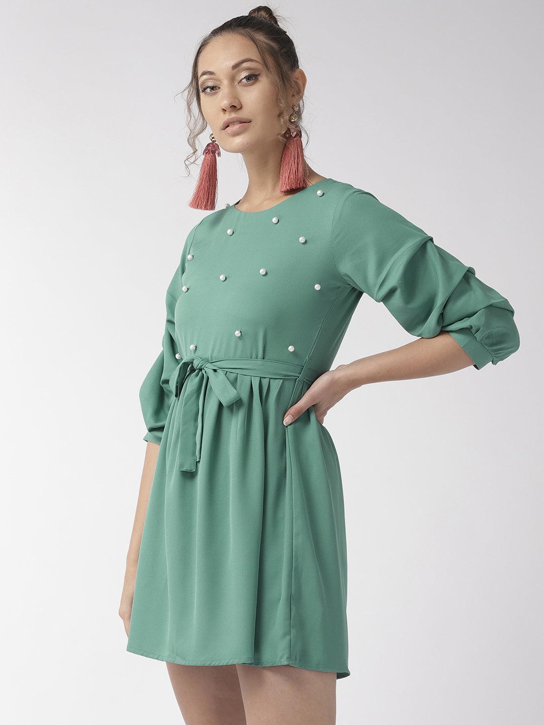 Women Green Solid A-Line Dress-Dresses-StyleQuotient