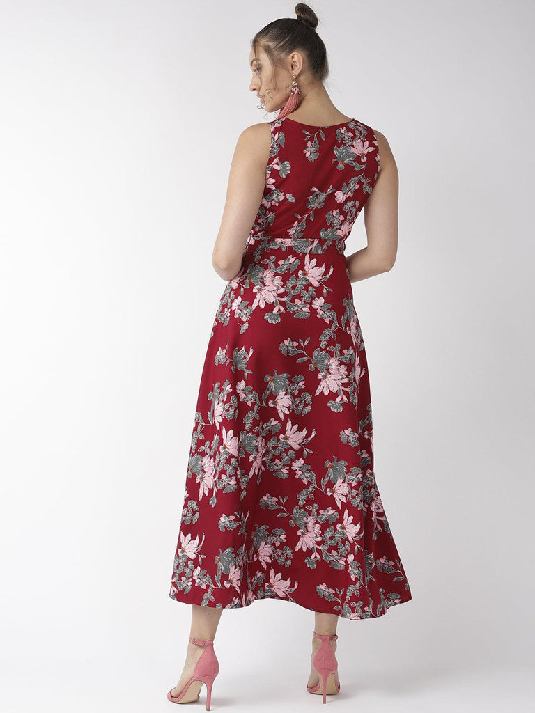 Women Maroon & Pink Floral Print Maxi Dress-Dresses-StyleQuotient