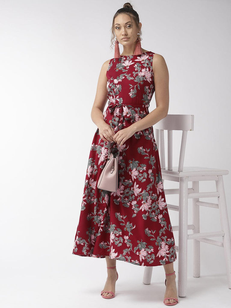 Women Maroon & Pink Floral Print Maxi Dress-Dresses-StyleQuotient