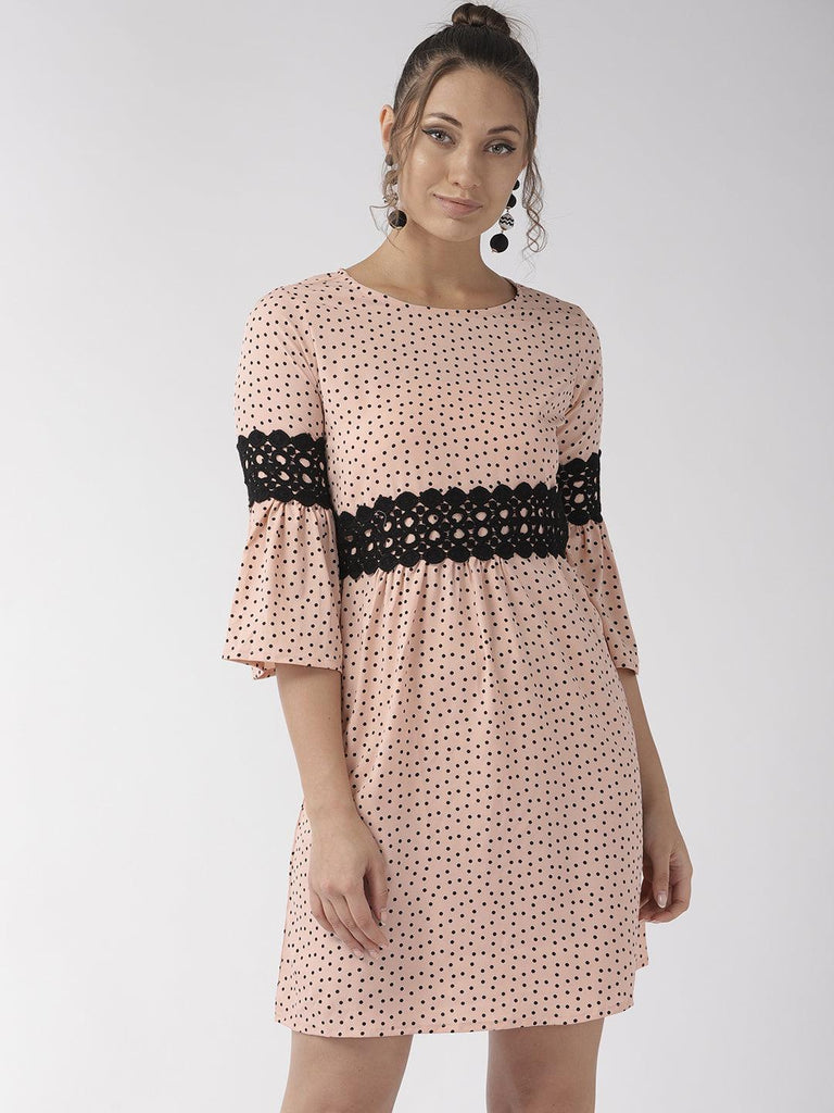 Women Peach Coloured & Black Printed A-Line Dress-Dresses-StyleQuotient