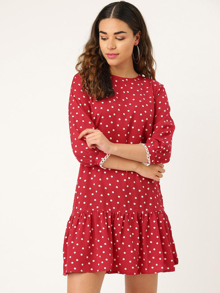 Women Red & White Polka Dots Print Drop-Waist Dress-Dresses-StyleQuotient